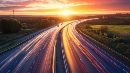 Obraz premium Sunset over a winding highway with light trails from vehicles and lush green fields nearby