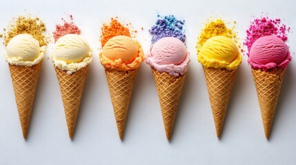 Six colorful ice cream scoops in waffle cones, arranged in a row.