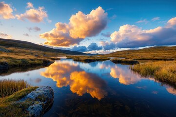Obraz premium Golden clouds fluffy clouds reflections beauty. Scenic landscape with clouds reflecting on a tranquil lake.
