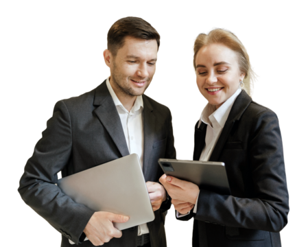 Professionals discuss project details in a modern office setting during a workday