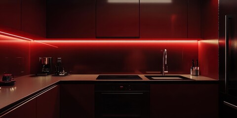 Modern kitchen features red lighting and black appliances in a corner