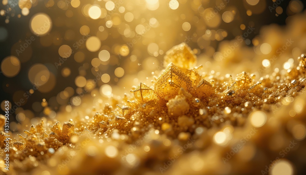 Poster shimmering golden particles with soft warm bokeh background