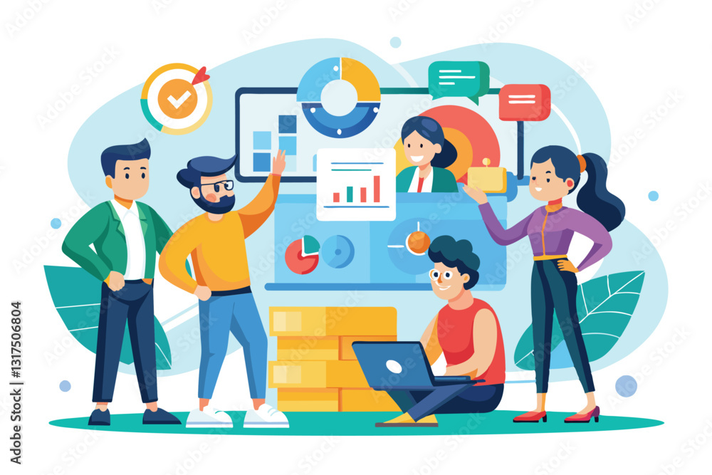 Poster a group of people engages in a scrum method during a team meeting with various charts and data displ