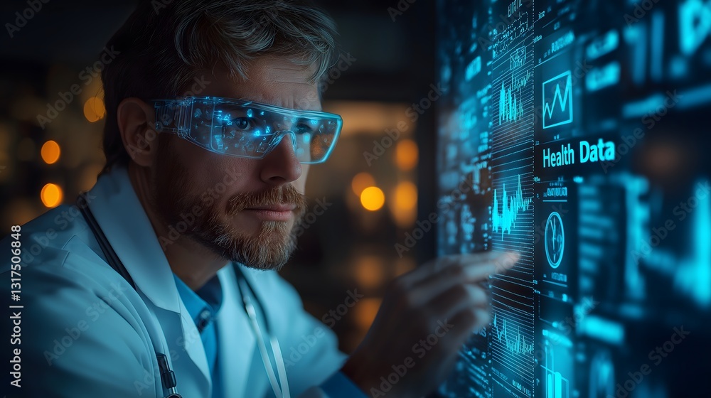 Poster scientist in laboratory with protective glasses analyzing digital holographic interface with blue te