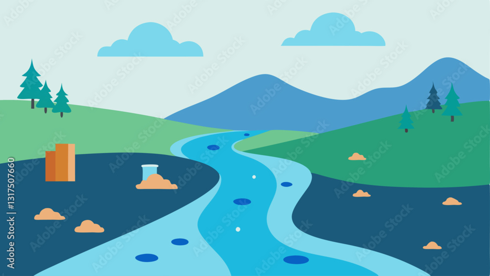 Poster river flow and erosion a river flowing through a landscape with visual elements depicting microplast