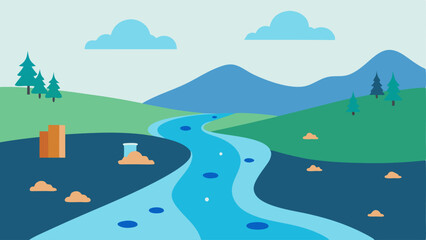River Flow and Erosion A river flowing through a landscape with visual elements depicting microplastics being eroded from riverbanks emphasizing how microplastics enter natural