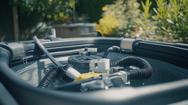 Close-up of the pool filter cleaning process in a backyard, showcasing the removal of debris and cleaning equipment like a hose and filter cartridges, emphasizing the importance of regular maintenance