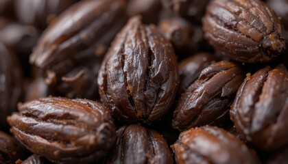 Obraz premium Close-Up View of Dark Brown Exotic Seeds on Natural Background