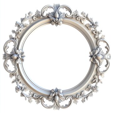 Ornate silver round frame isolated on white.