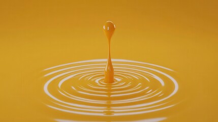 Orange Liquid Drop Creates Concentric Ripples on Yellow Surface