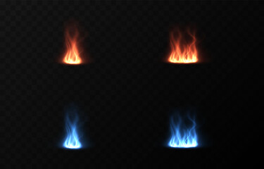 Vector set of colorful flame elements png. Fire on isolated transparent background.