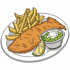 Realistic vector artwork of fish and chips, full detailed image, perfect for digital and print use.