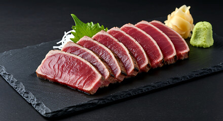 Bluefin tuna sashimi, thinly sliced premium bluefin tuna, served with wasabi and soy sauce