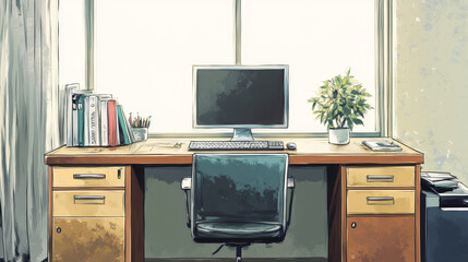 Office furniture isometric set, isolated on white, desk and chair for modern workspace, vector illustration. Comfortable furniture for office, window, drawer and computer. Interior design constructor