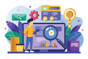A person stands next to a large screen, exploring data and visual elements in a creative digital workspace, Search Customizable Flat Illustration