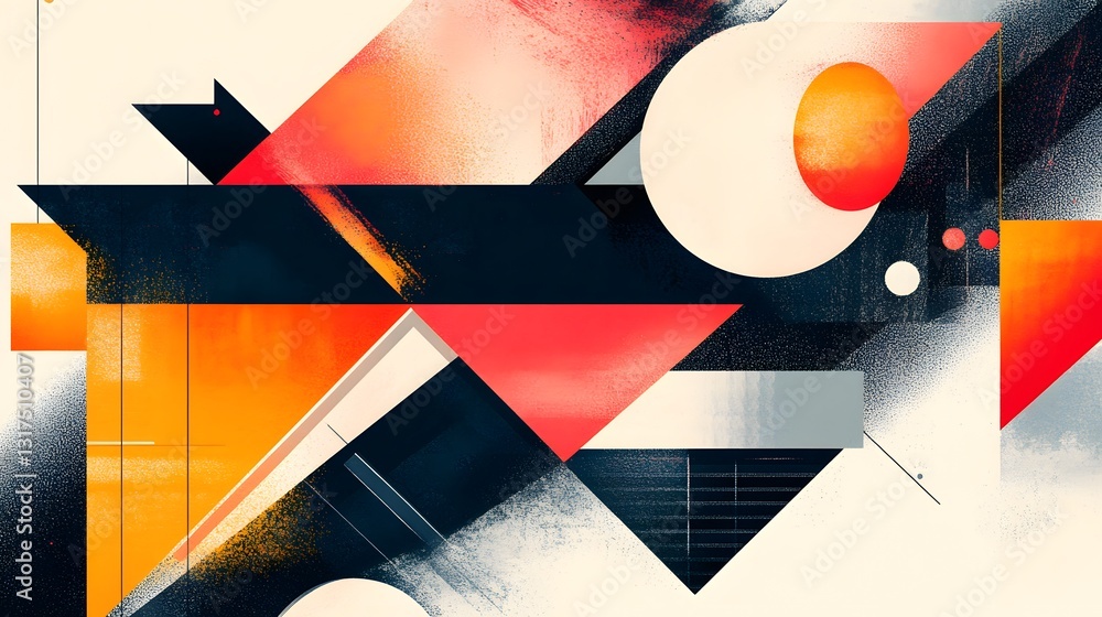 Poster abstract composition with dynamic geometry and vibrant colors, with various geometric shapes that co