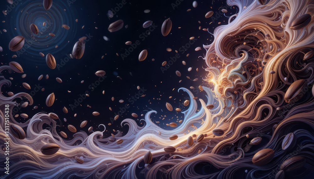 Poster abstract coffee waves with floating beans in artistic composition