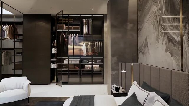 3d visualization walkthrough of luxurious apartment bedroom and closet. Modern apartment bedroom architectural animation.