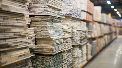 Large tile showroom with a warehouse aesthetic, featuring an array of high-quality tiles designed for bathroom and kitchen spaces, displayed on sleek stands and wall panels to give customers a clear v