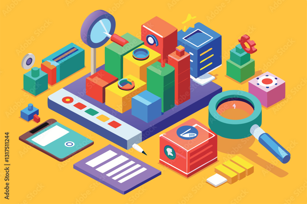 Poster a vibrant arrangement of colorful isometric blocks and tools representing search engine customizatio