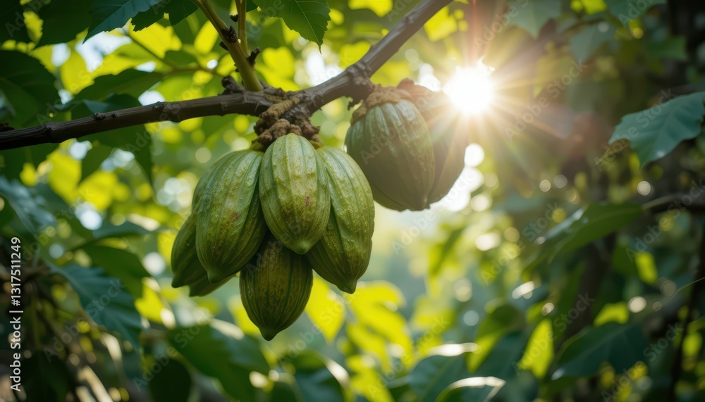 Poster green cocoa pods on tree branch with sunlight in background