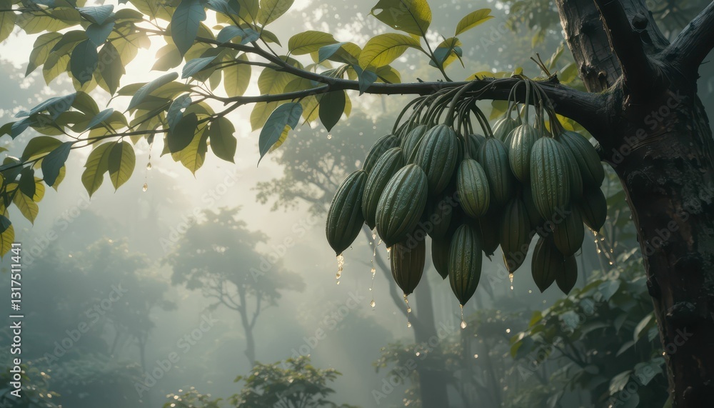 Poster lush rainforest scene with cocoa pods hanging from a tree branch