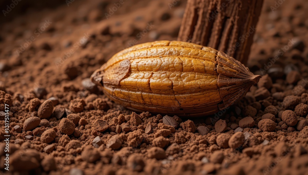 Aufkleber cocoa pod resting on rich brown cocoa powder in a rustic setting