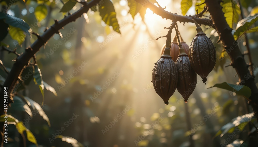 Poster beautiful cocoa pods hanging from branch with soft sunlight rays