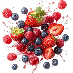 A Burst of Strawberries Blueberries and Raspberries Falling Into Milk Isolated on Transparent Background