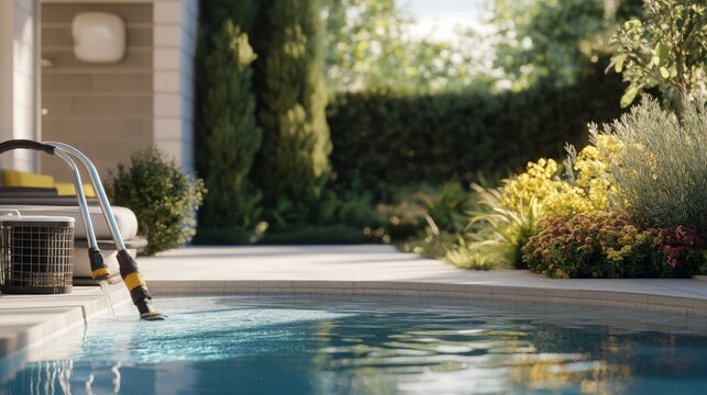 Pool maintenance in progress, with equipment details such as a vacuum, filter basket, and cleaning tools, as the technician performs routine cleaning and checks in the backyard pool area to ensure opt