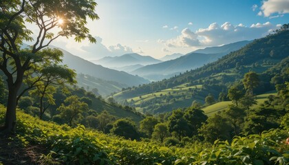 Obraz premium Majestic Sunrise Over Serene Mountain Landscape in Green Wilderness