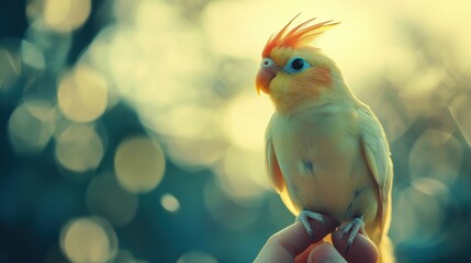 Curious cockatiel perched on finger with blurred background 