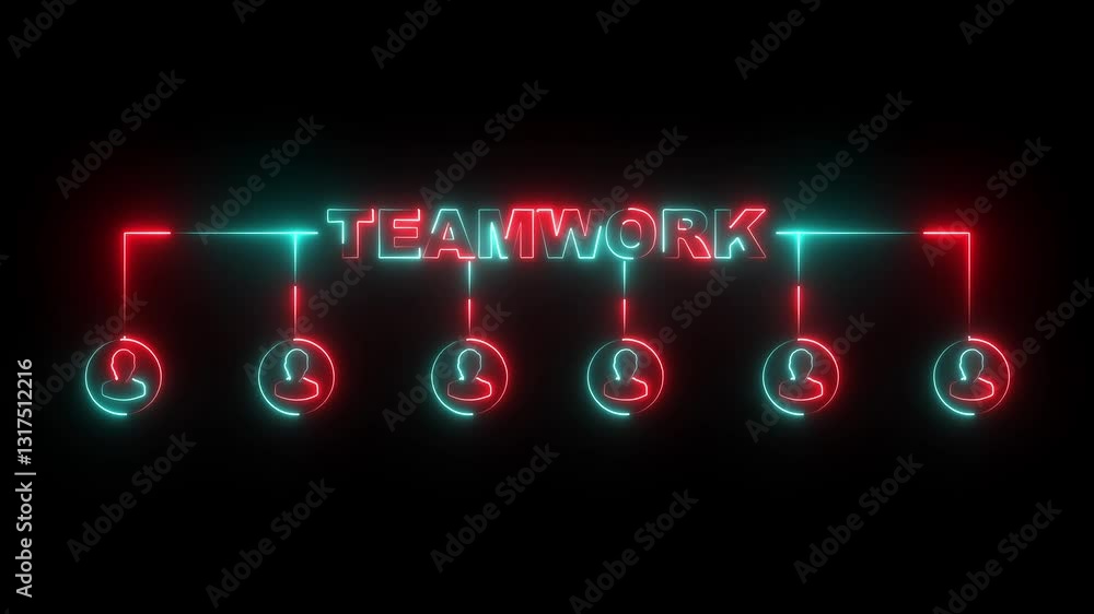 Poster animation of neon teamwork of connections with people icons over glowing background business, techno