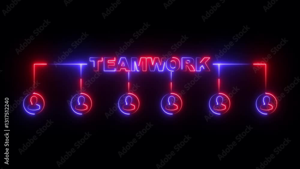 Poster animation of neon teamwork of connections with people icons over glowing background business, techno