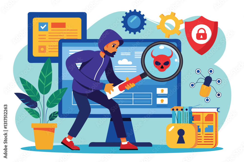 Poster a person is inspecting a computer for malware using a magnifying glass while surrounded by digital t