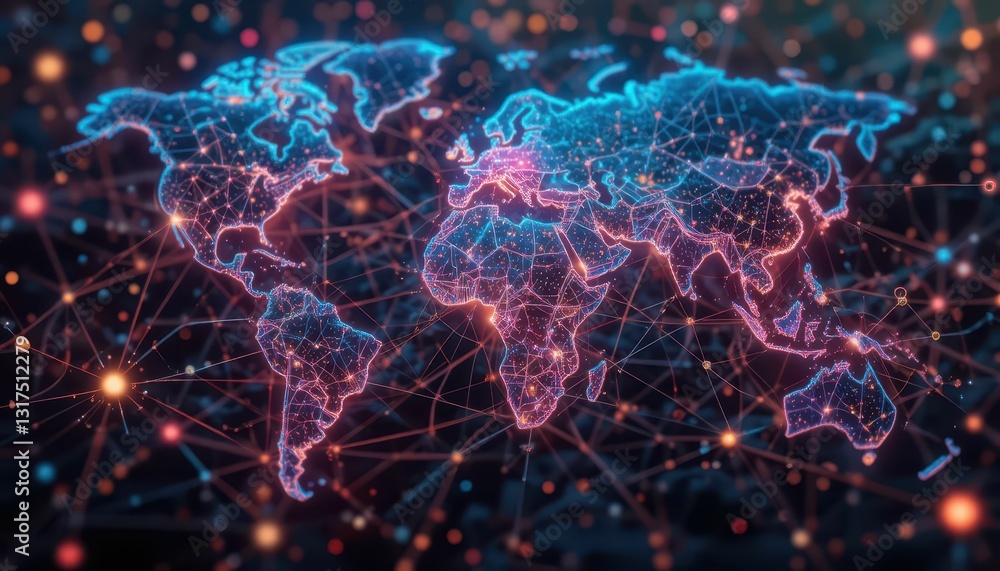 Poster abstract world map with neon connections and bright data points