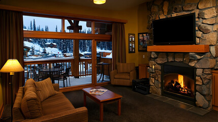 Cozy mountain lodge living room with fireplace, snowy view, and patio access. Perfect for travel brochures or vacation rental websites