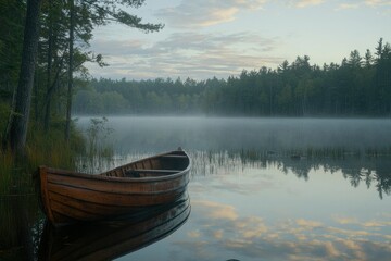 Obraz premium Wooden Rowboat on Misty Lake at Dawn