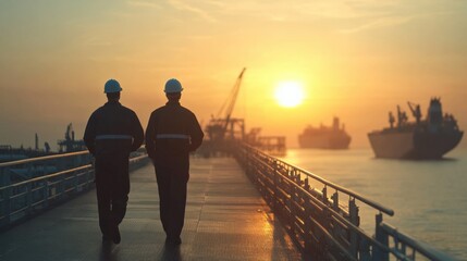 Fototapeta premium Two workers in hard hats walking along a pier at sunset, with ships in the background
