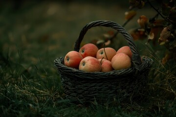 A wicker basket holds a harvest of ripe red apples