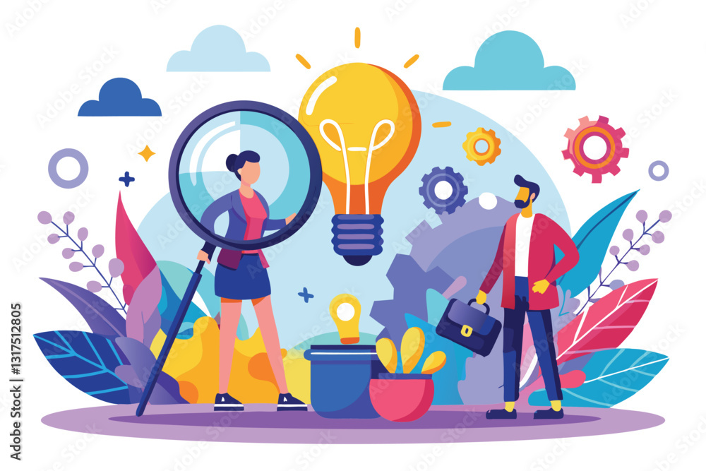 Poster two people engage in a brainstorming session using a magnifying glass and light bulb in a vibrant se