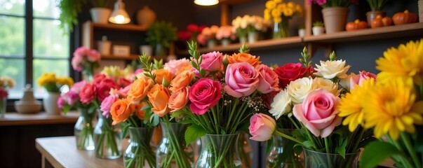 Colorful flowers in vases and bouquets arranged in a flower shop with shelves and counters, vintage, vibrant