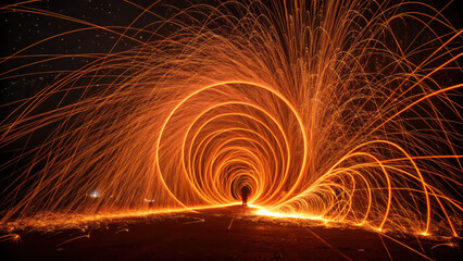 mesmerizing display of glowing orange sparks creating circular patterns