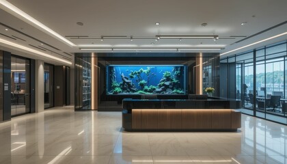 Modern Office Reception Area with Large Aquarium and Elegant Design