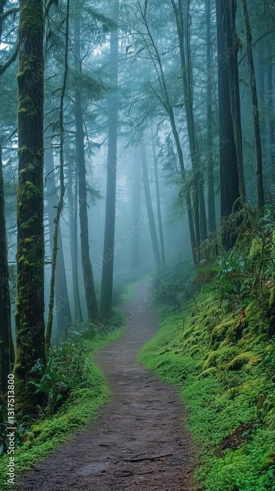 Poster misty forest path lined with moss-covered trees a serene and scenic view into the misty unknown beck