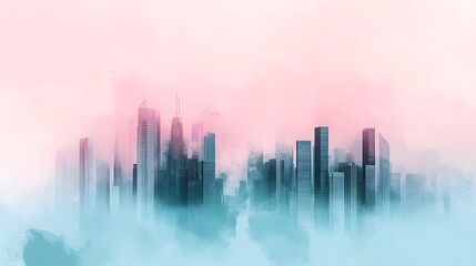 Fototapeta premium An artistic and hazy cityscape in pink and blue tones. It offers a dreamy, modern view