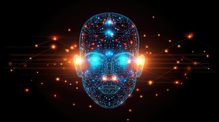 Futuristic digital head with glowing nodes and network connections featuring illuminated facial features on dark background