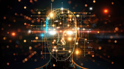 Futuristic digital head with glowing nodes and network connections featuring illuminated facial features on dark background