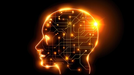 Digital human profile with circuit connections and glowing technology elements on dark background
