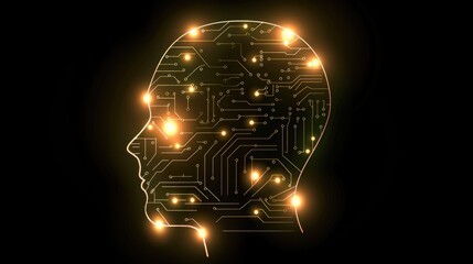 Digital human profile with circuit connections and glowing technology elements on dark background